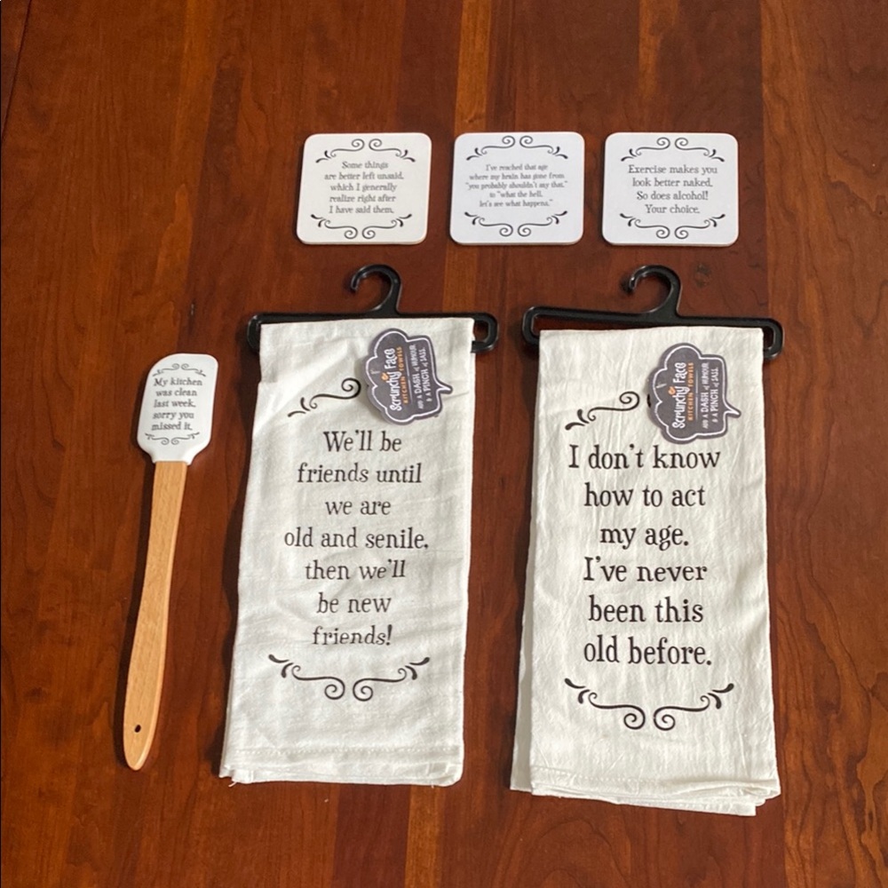 Kitchen Fun. 2 tea towels 3 coasters and 1 Baking Spatula.